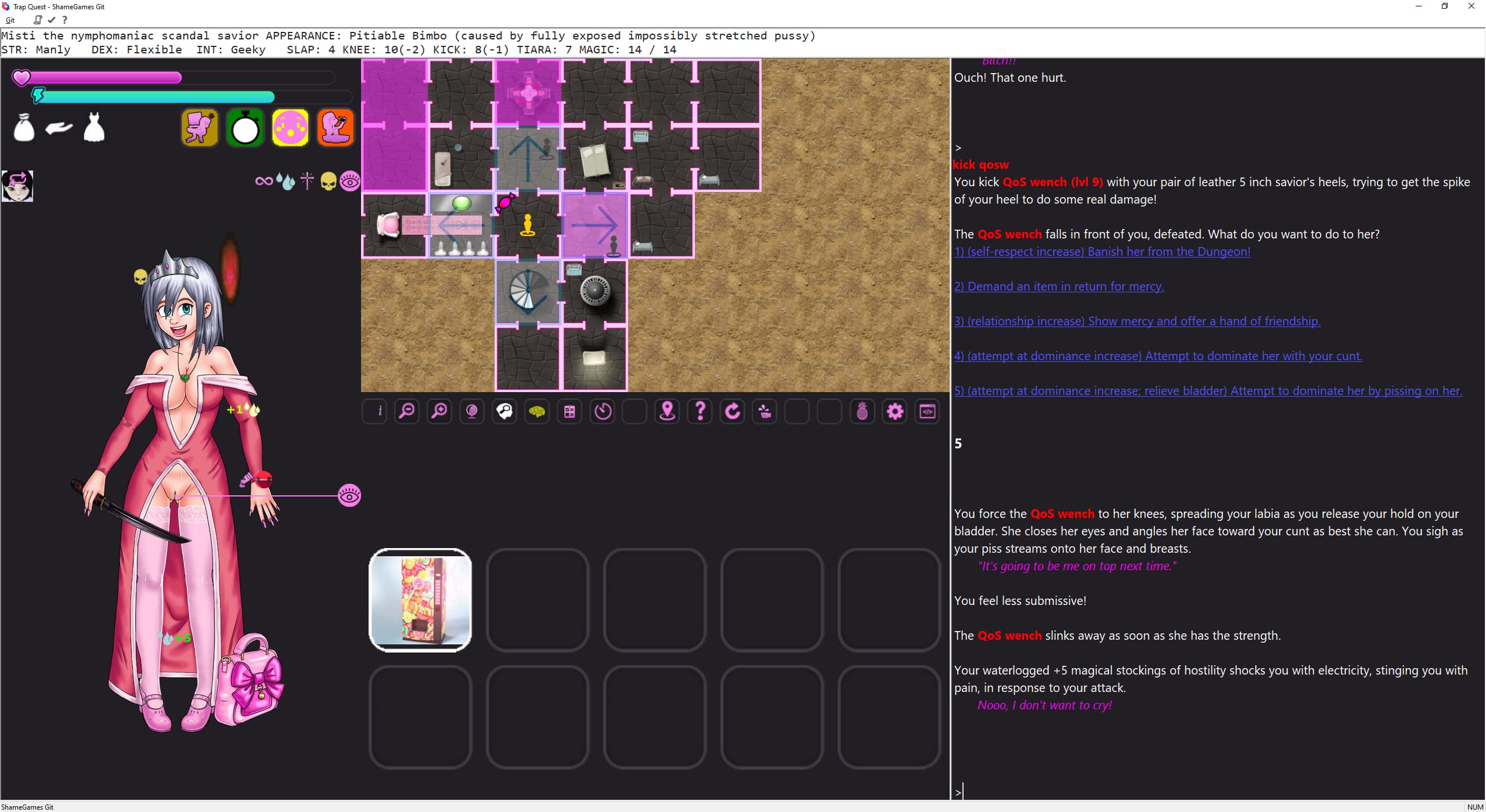 A player has explored lots of the dungeon, and is in an exposing princess dress with a sword.