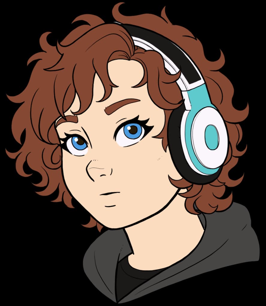Curly, rich brown, a little messy, shoulder-length hair. Round face, slightly chub, cheekbones set slightly higher than the tip of nose. Wearing headphones and a hoodie.